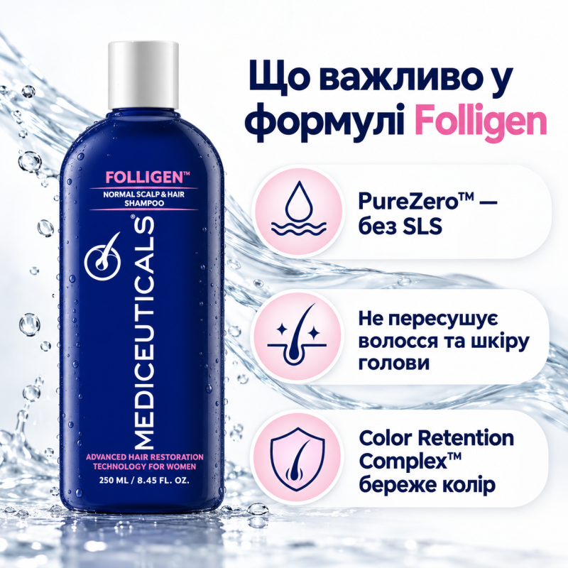 Шампунь для жінок Mediceuticals Folligen™ проти випадіння волосся (для нормального волосся/шкіри голови) 250ml