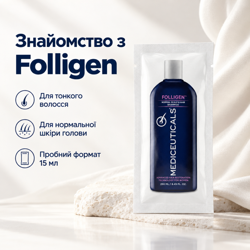 Шампунь для жінок Folligen проти випадіння та стоншення волосся (для тонкого волосся і нормальної шкіри голови), 15ml