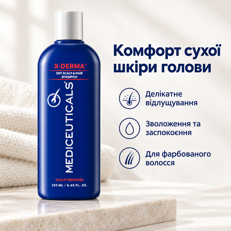 Відлущуючий шампунь проти сухості та свербежу шкіри голови Mediceuticals X-Derma™ 250ml