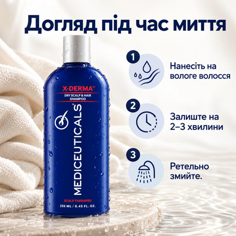 Відлущуючий шампунь проти сухості та свербежу шкіри голови Mediceuticals X-Derma™ 250ml