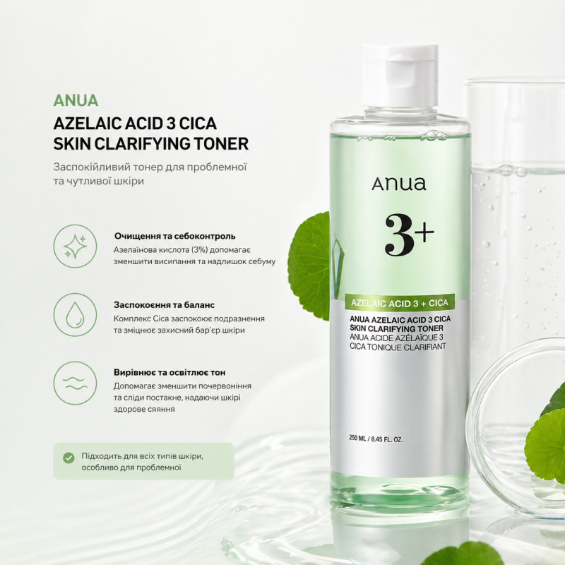 Тонер для лица Anua Azelaic Acid 3 Cica Skin Clarifying Toner с азелаиновой кислотой 3% и центеллой азиатской, 250 мл