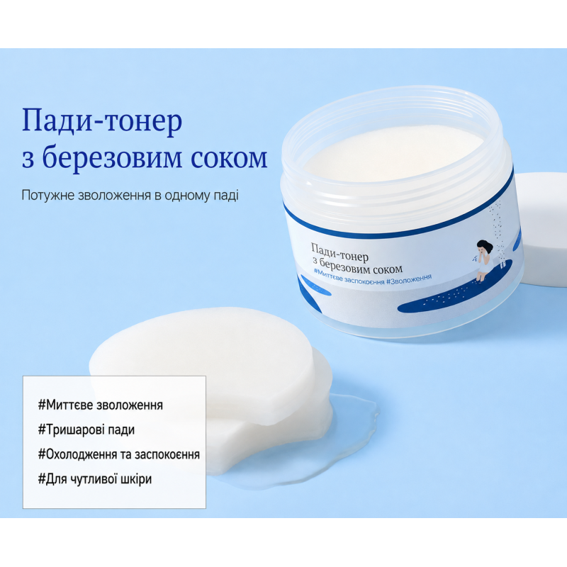 Освіжаючі тонер-педи ROUND LAB Birch Juice Moisturizing Pads, 80 мл