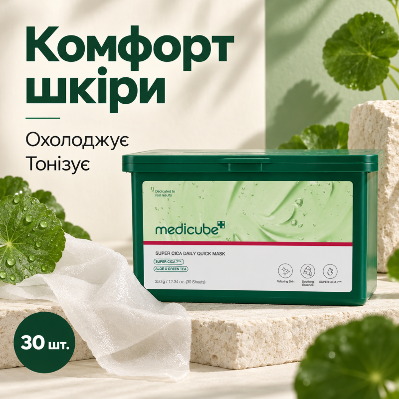 Набір заспокійливих масок з центелою, алое та зеленим чаєм Medicube Super Cica Daily Quick Mask, 30 шт