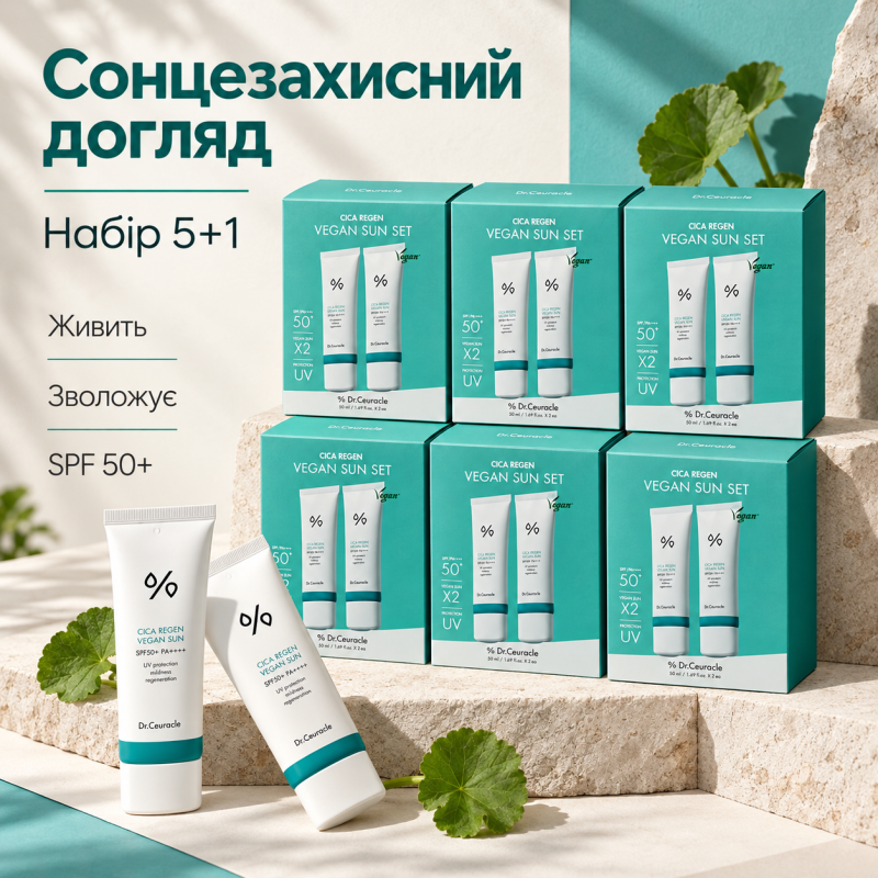 5+1 Набір сонцезахисних кремів з центелою Dr.Ceuracle Cica Regen Vegan Sun Set DUO, 2 в 1