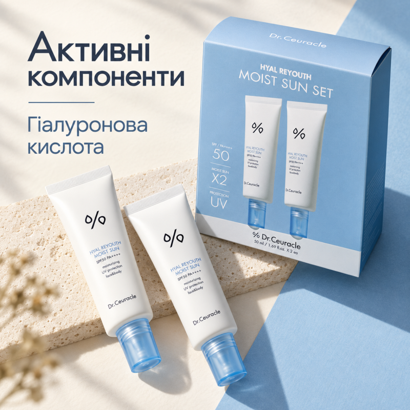 Набір зволожуючих сонцезахисних кремів SPF 50+/PA++++ 2 в 1 Dr.Ceuracle Hyal Reyouth Moist Sun Duo Set, 2 в 1
