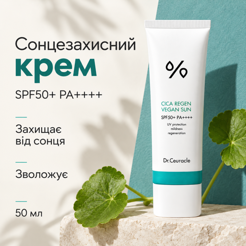 Солнцезащитный веганский крем с центеллой Dr.Ceuracle Cica Regen Vegan Sun SPF50+ PA++++, 50 мл