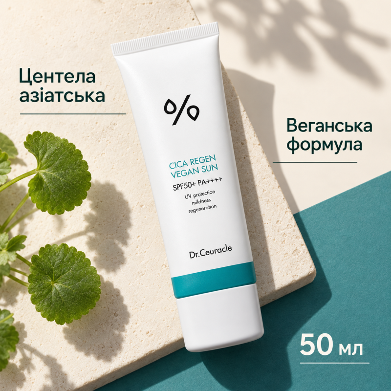 Солнцезащитный веганский крем с центеллой Dr.Ceuracle Cica Regen Vegan Sun SPF50+ PA++++, 50 мл