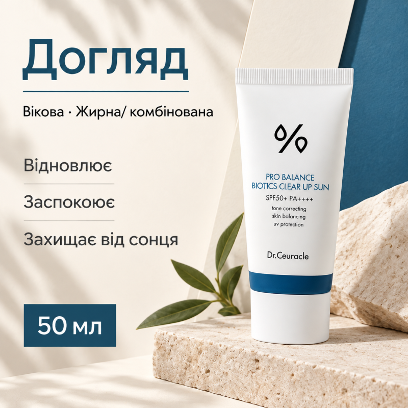 Сонцезахисний освітлюючий крем з пробіотиками Dr. Ceuracle Pro Balance Biotics Clear Up Sun SPF 50+ PA++++, 50 мл