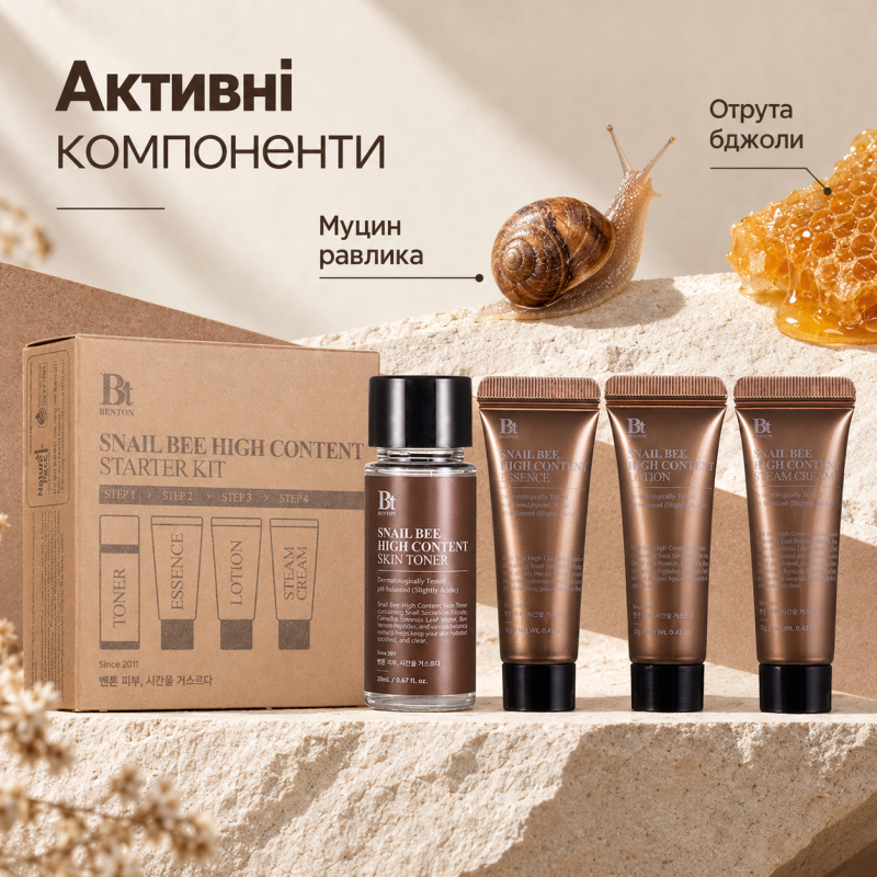 Набор с муцином улитки и пчелиным ядом Benton Snail Bee High Content Starter Kit, 4 в 1