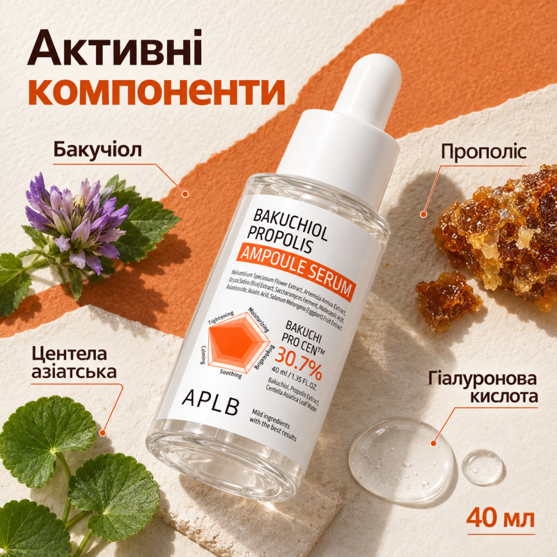 Ампульная сыворотка для антивозрастного ухода с бакучиолом и прополисом APLB Bakuchiol Propolis Ampoule Serum, 40 мл