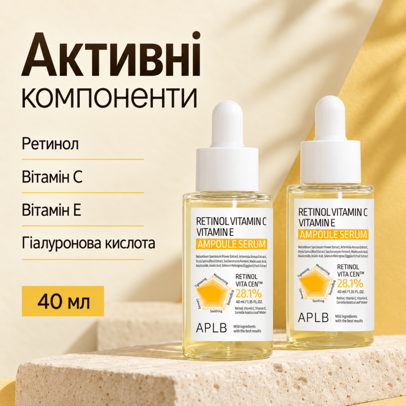 Ампульная сыворотка для омоложения кожи с ретинолом, витаминами C и E APLB Retinol Vitamin C Vitamin E Ampoule Serum, 40 мл