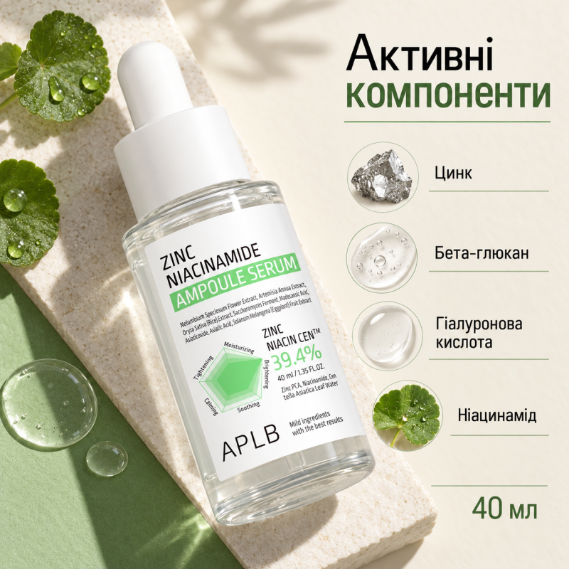 Ампульная сыворотка для проблемной кожи с цинком и ниацинамидом APLB Zinc Niacinamide Ampoule Serum, 40 мл