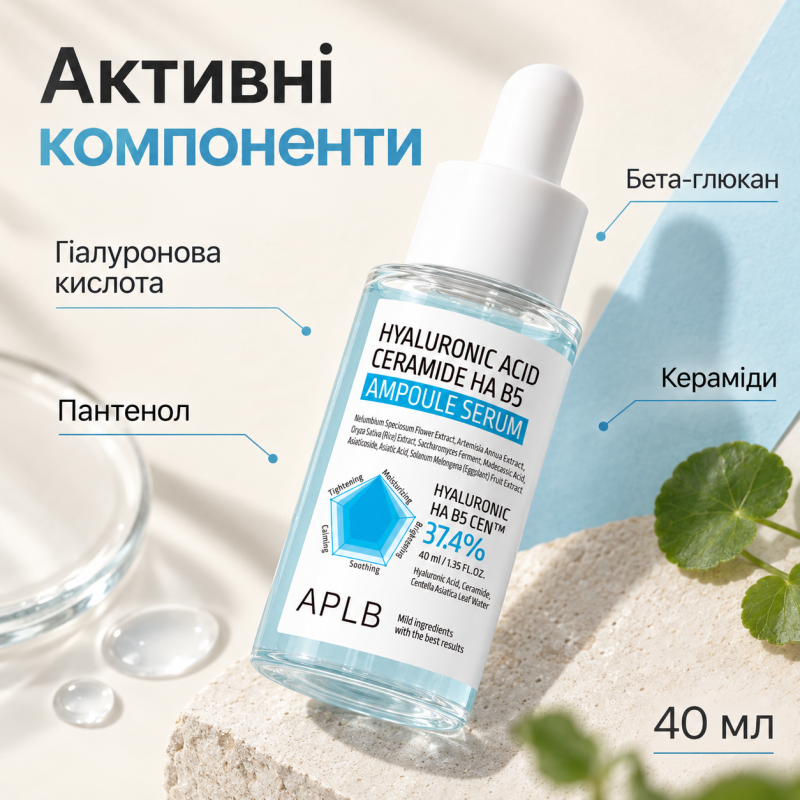 Ампульная сыворотка с гиалуроновой кислотой, керамидами и витамином B5 APLB Hyaluronic Acid Ceramide HA B5 Ampoule Serum, 40 мл