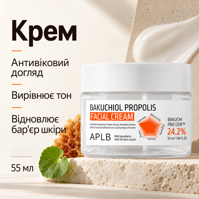 Антивозрастной крем для лица с бакучиолом и прополисом APLB Bakuchiol Propolis Facial Cream, 55 мл
