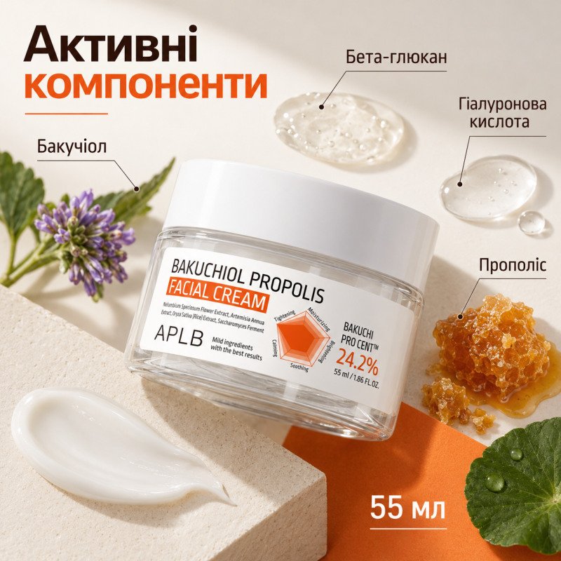 Антивозрастной крем для лица с бакучиолом и прополисом APLB Bakuchiol Propolis Facial Cream, 55 мл