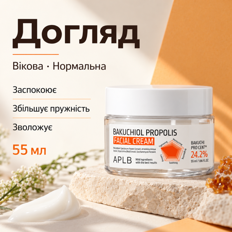 Антивозрастной крем для лица с бакучиолом и прополисом APLB Bakuchiol Propolis Facial Cream, 55 мл