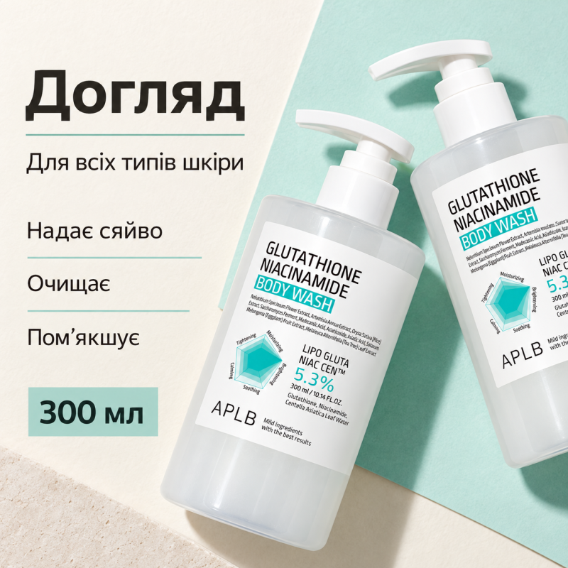 Гель для душу для сяйва та вирівнювання тону шкіри з глутатіоном і ніацинамідом APLB Glutathione Niacinamide Body Wash, 300 мл