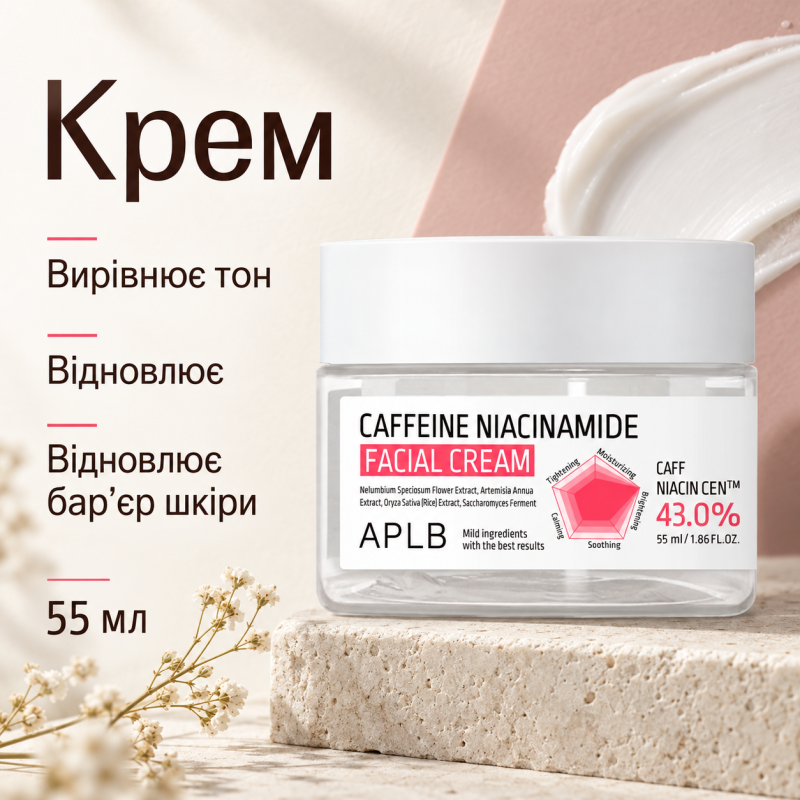 Крем для вирівнювання тону шкіри з кофеїном і ніацинамідом APLB Caffeine Niacinamide Facial Cream, 55 мл