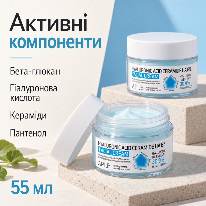 Крем для обличчя з гіалуроновою кислотою, керамідами та вітаміном B5 APLB Hyaluronic Acid Ceramide HA B5 Facial Cream, 55 мл