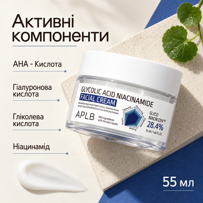Крем для обличчя з гліколевою кислотою та ніацинамідом APLB Glycolic Acid Niacinamide Facial Cream, 55 мл