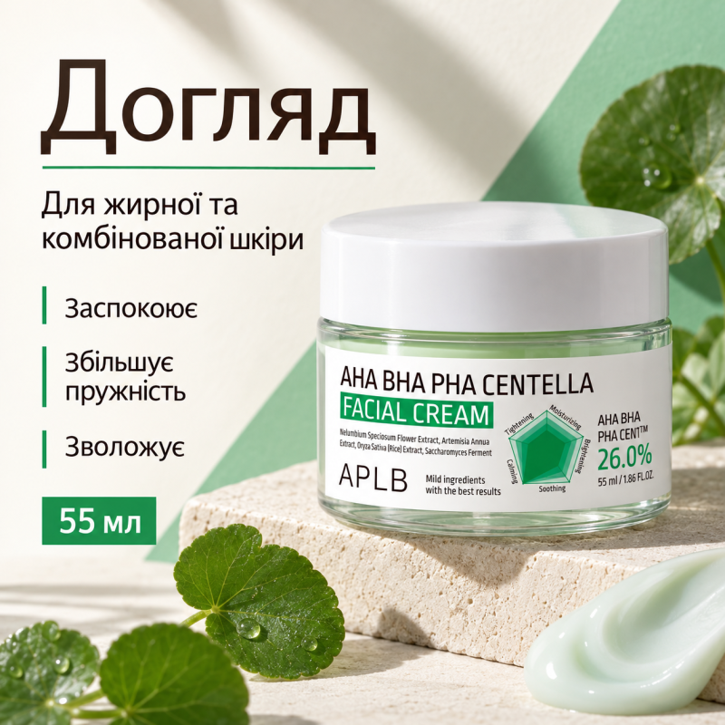 Крем для проблемной кожи с AHA, BHA, PHA и центеллой азиатской APLB AHA BHA PHA Centella Facial Cream, 55 мл