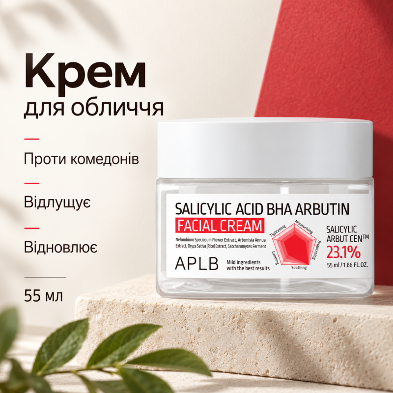 Крем для проблемної шкіри з саліциловою кислотою, BHA та арбутином APLB Salicylic Acid BHA Arbutin Facial Cream, 55 мл