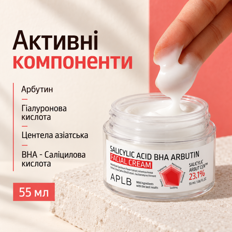 Крем для проблемної шкіри з саліциловою кислотою, BHA та арбутином APLB Salicylic Acid BHA Arbutin Facial Cream, 55 мл