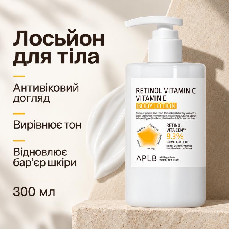 Лосьон для тела для упругости и сияния кожи с ретинолом, витаминами C и E APLB Retinol Vitamin C Vitamin E Body Lotion, 300 мл
