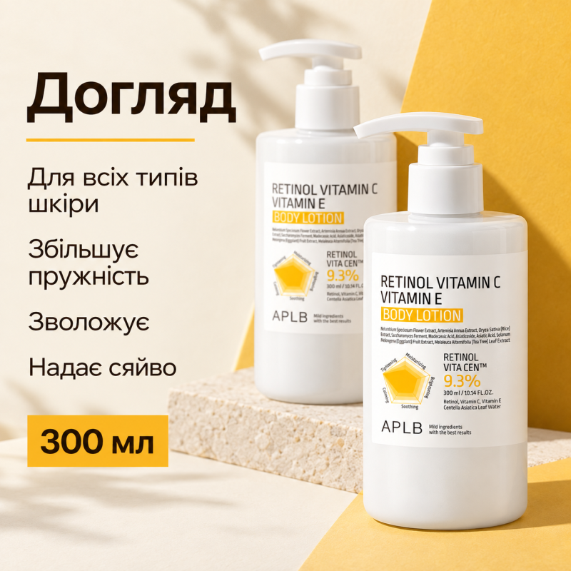 Лосьон для тела для упругости и сияния кожи с ретинолом, витаминами C и E APLB Retinol Vitamin C Vitamin E Body Lotion, 300 мл