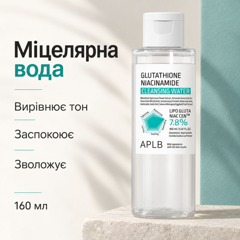 Міцелярна вода для демакіяжу з глутатіоном і ніацинамідом APLB Glutathione Niacinamide Cleansing Water, 160 мл