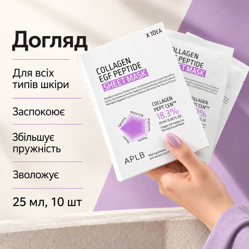 Набір тканинних масок для пружності та відновлення шкіри з колагеном, EGF та пептидами APLB Collagen EGF Peptide Sheet Mask, 25 мл * 10 шт
