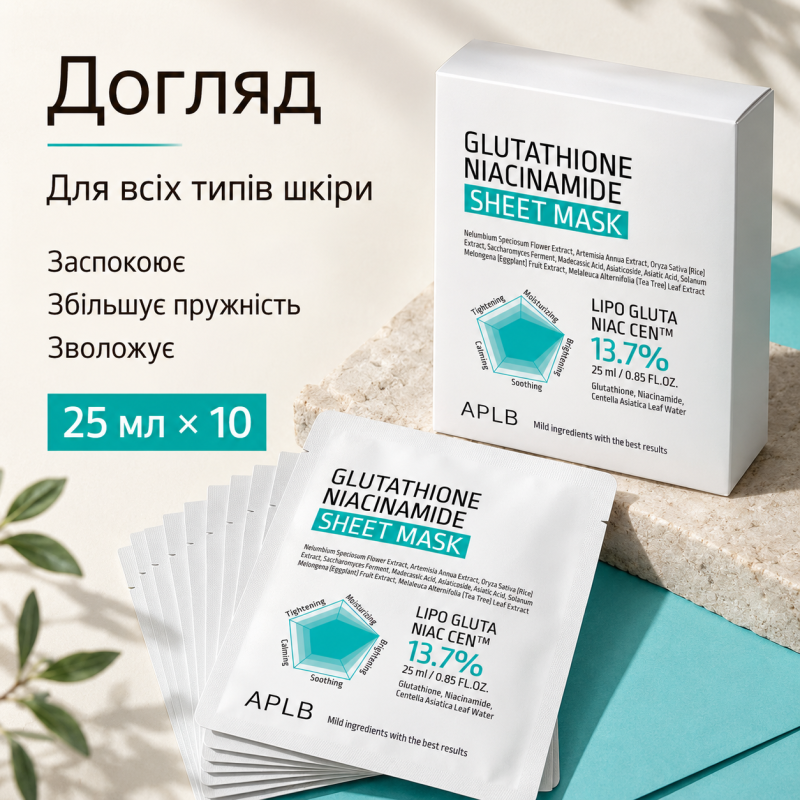 Набір тканинних масок для сяйва та вирівнювання тону шкіри з глутатіоном і ніацинамідом APLB Glutathione Niacinamide Sheet Mask, 25 мл * 10 шт