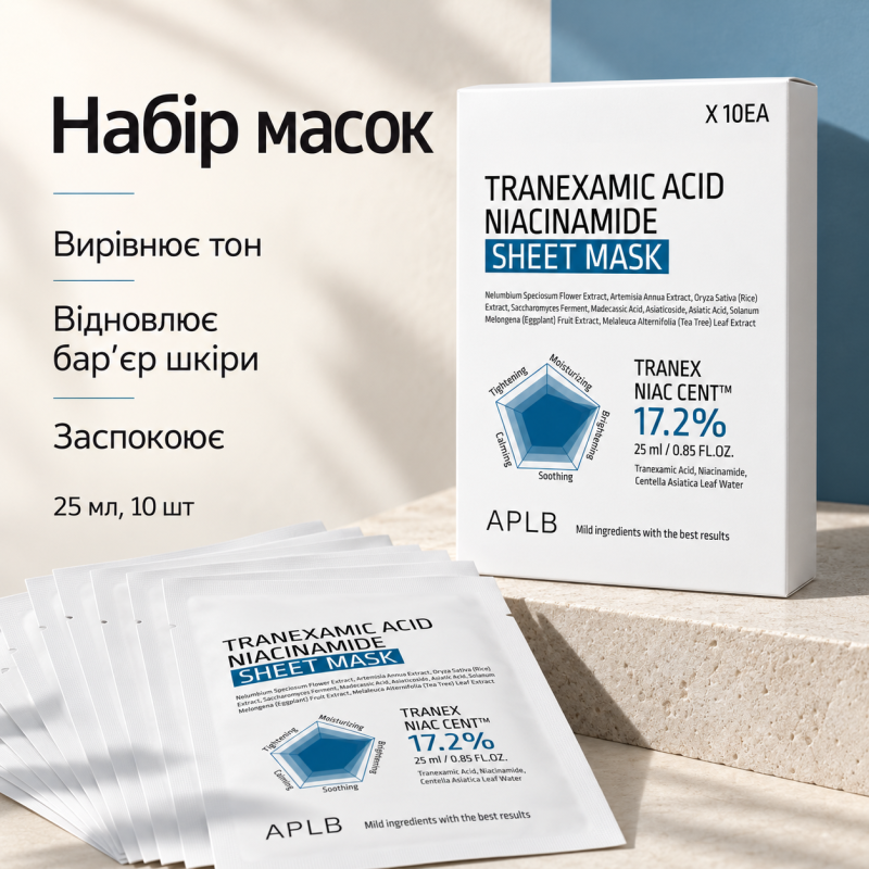 Набір тканинних масок для сяйва шкіри з транексамовою кислотою та ніацинамідом APLB Tranexamic Acid Niacinamide Sheet Mask, 25 мл * 10 шт