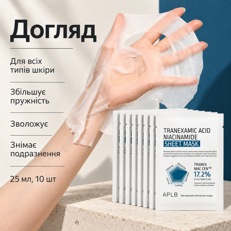 Набір тканинних масок для сяйва шкіри з транексамовою кислотою та ніацинамідом APLB Tranexamic Acid Niacinamide Sheet Mask, 25 мл * 10 шт