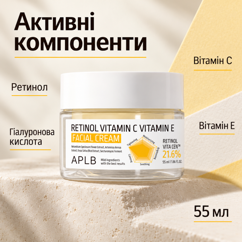 Омолаживающий крем для лица с ретинолом, витаминами C и E APLB Retinol Vitamin C Vitamin E Facial Cream, 55 мл