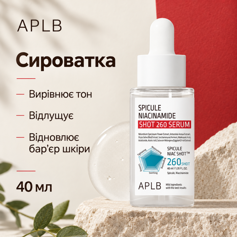Сироватка для оновлення та вирівнювання тону шкіри зі спікулами та ніацинамідом APLB Spicule Niacinamide Shot 260 Serum, 40 мл