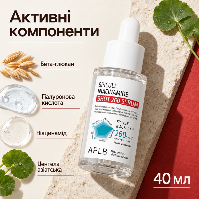 Сироватка для оновлення та вирівнювання тону шкіри зі спікулами та ніацинамідом APLB Spicule Niacinamide Shot 260 Serum, 40 мл