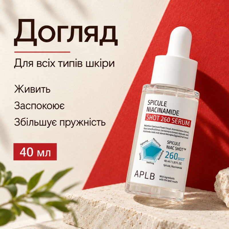 Сироватка для оновлення та вирівнювання тону шкіри зі спікулами та ніацинамідом APLB Spicule Niacinamide Shot 260 Serum, 40 мл