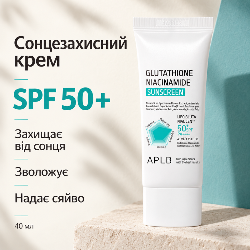 Сонцезахисний крем для обличчя з глутатіоном і ніацинамідом APLB Glutathione Niacinamide Sunscreen SPF50+ PA++++, 40 мл