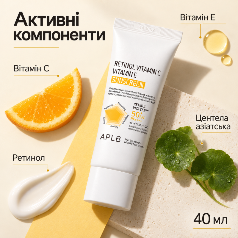Сонцезахисний крем для обличчя з ретинолом, вітамінами C та E APLB Retinol Vitamin C Vitamin E Sunscreen SPF50+ PA++++, 40 мл