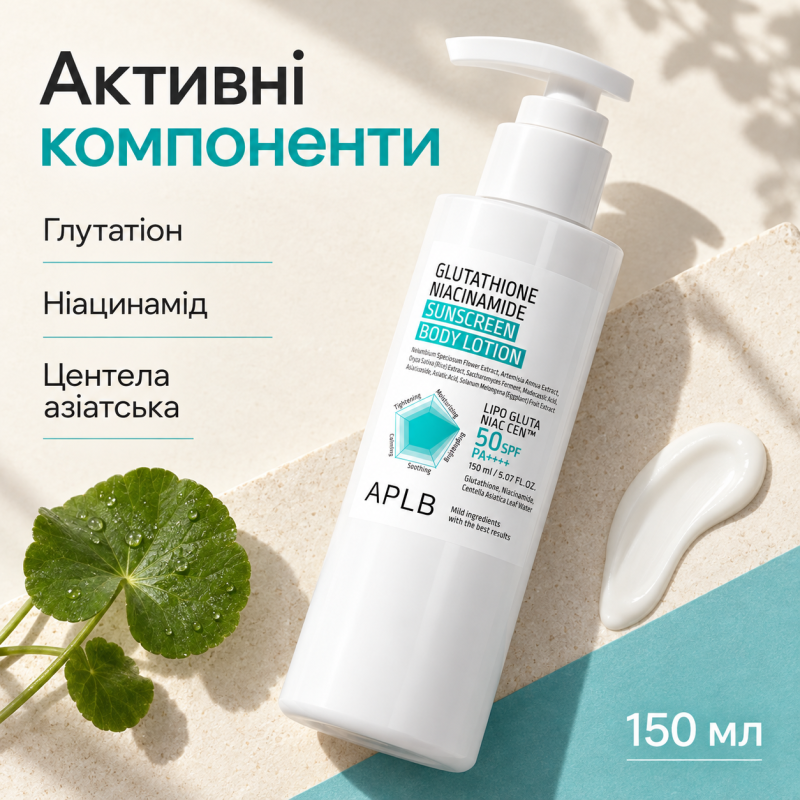 Сонцезахисний лосьйон для тіла з глутатіоном і ніацинамідом APLB Glutathione Niacinamide Sunscreen Body Lotion SPF50+ PA++++, 150 мл