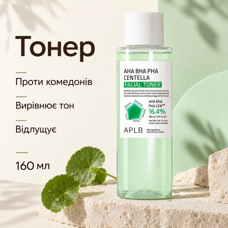 Тоник для мягкого отшелушивания кожи с AHA, BHA, PHA и центеллой азиатской APLB AHA BHA PHA Centella Facial Toner, 160 мл