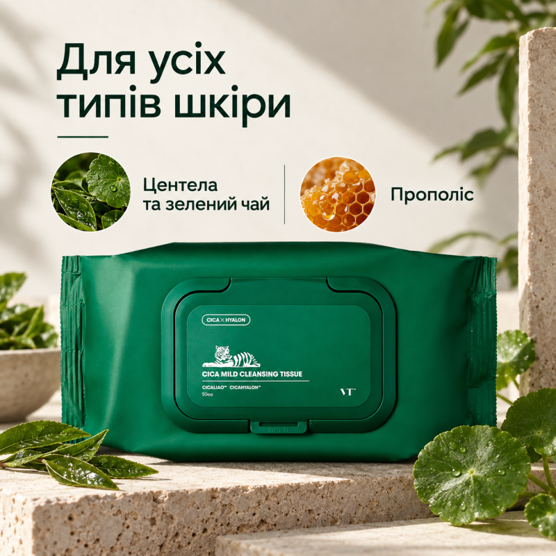 Серветки для зняття макіяжу VT Cica Mild Cleansing Tissue, 50 шт