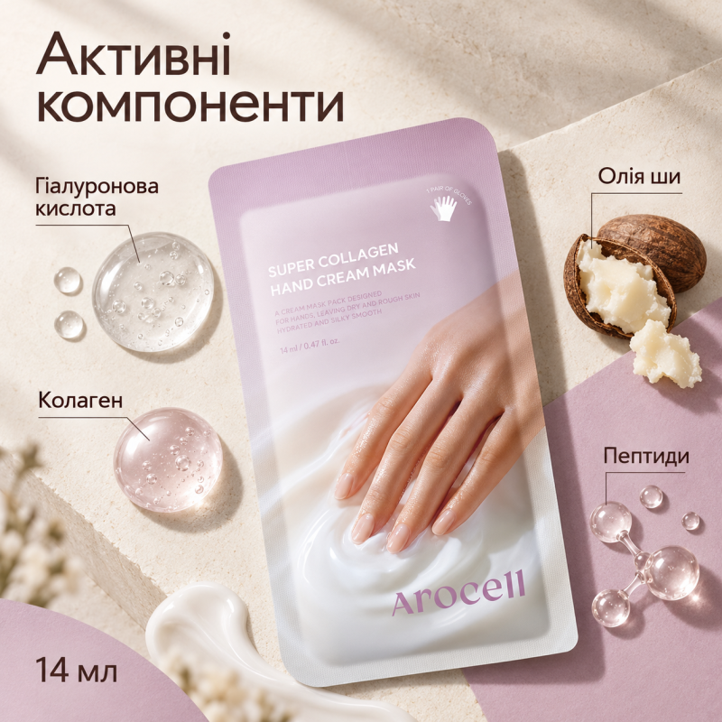 Зволожувальна маска-рукавички для рук з колагеном Arocell Collagen Hand Cream Mask, 14 мл