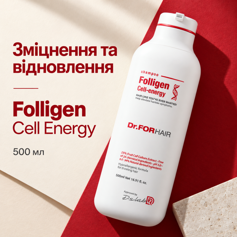 Шампунь для зміцнення та відновлення зрілого волосся Dr.FORHAIR Folligen Cell Energy, 500 мл