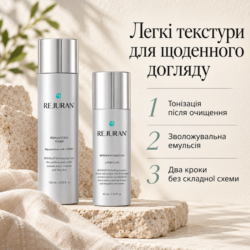 Набір для обличчя Rejuran: відновлюючий тонер Healer Rebalancing Toner 120 мл та освіжаюча емульсія Refreshing Emulsion 45 мл