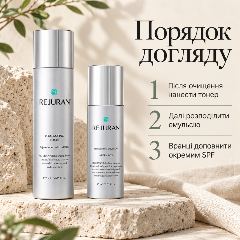 Набір для обличчя Rejuran: відновлюючий тонер Healer Rebalancing Toner 120 мл та освіжаюча емульсія Refreshing Emulsion 45 мл