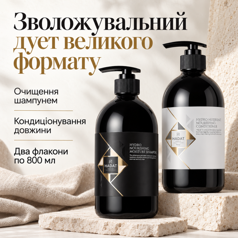 Набір для волосся Hadat Hydro Nourishing Moisture Shampoo 800 мл та Hadat Cosmetics Hydro Nutrient Nourishing Conditioner 800 мл