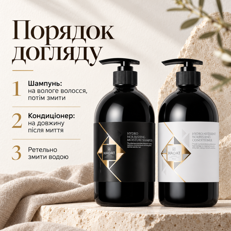 Набір для волосся Hadat Hydro Nourishing Moisture Shampoo 800 мл та Hadat Cosmetics Hydro Nutrient Nourishing Conditioner 800 мл