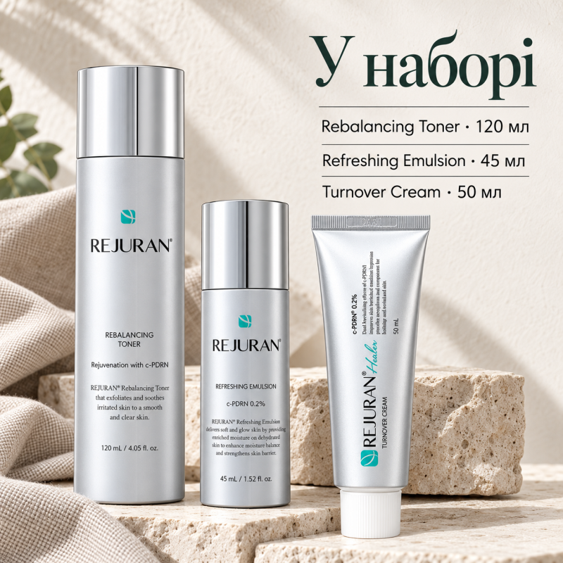 Набір для обличчя Rejuran: тонер Healer Rebalancing Toner 120 мл, емульсія Refreshing Emulsion 45 мл та крем Turnover Cream 50 мл